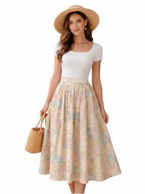 Vintage Floral Midi Skirt Size 8 Pastel Cottagecore High Waist Pleated Summer